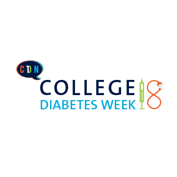 logo for college diabetes week, CDN brand logo, text college diabetes week, and 18 made up of a syringe and pump site tubing shaped like an eight