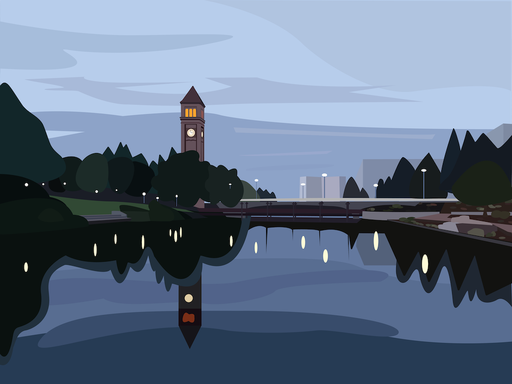 vectorized version of riverfront park on a overcast eveing, a clocktower is pictured with the reflection in the river, trees line the background. Image is mostly blue, gray, and dark green