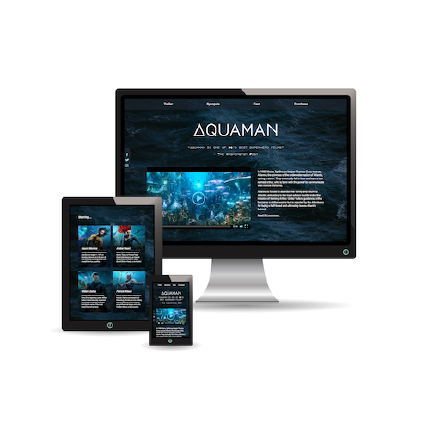 image of an aquaman website on three devices, website background is and picture of blue-green water, with images of the cast and custom media player for the trailer