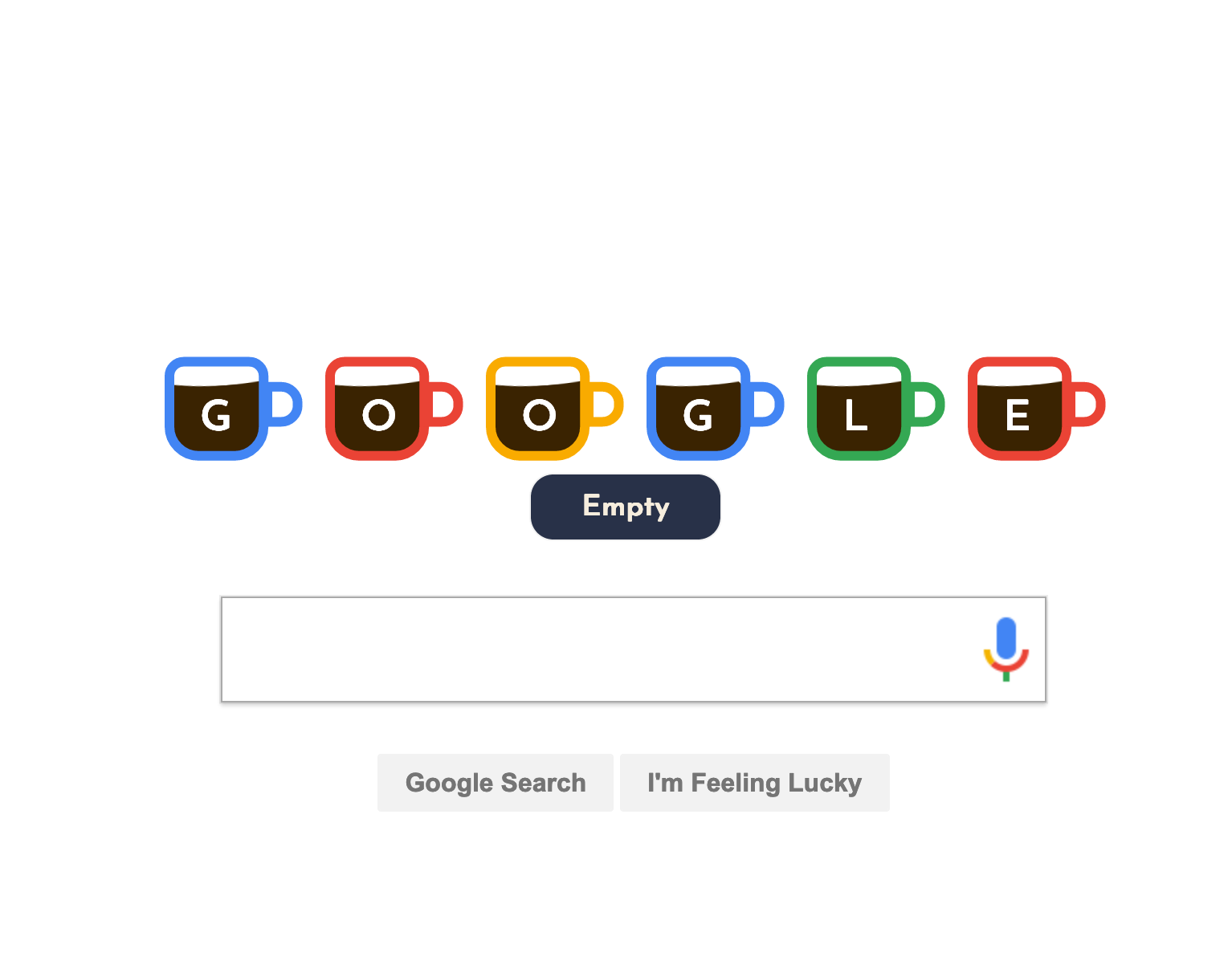 google doodle image, with blue, red, yellow, and green coffee cups being filled