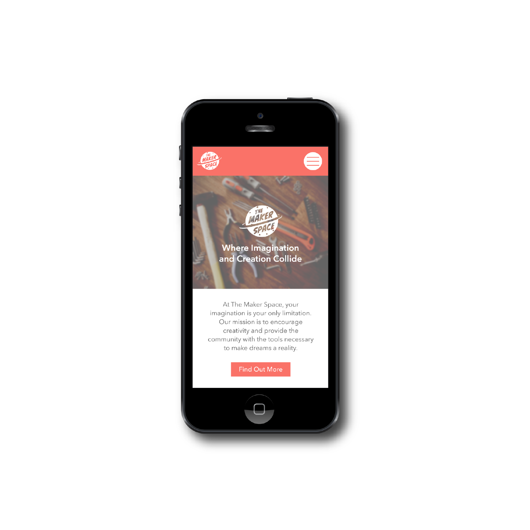 phone with a makerspace mobile app on screen. Living coral accents the light white sight layout.